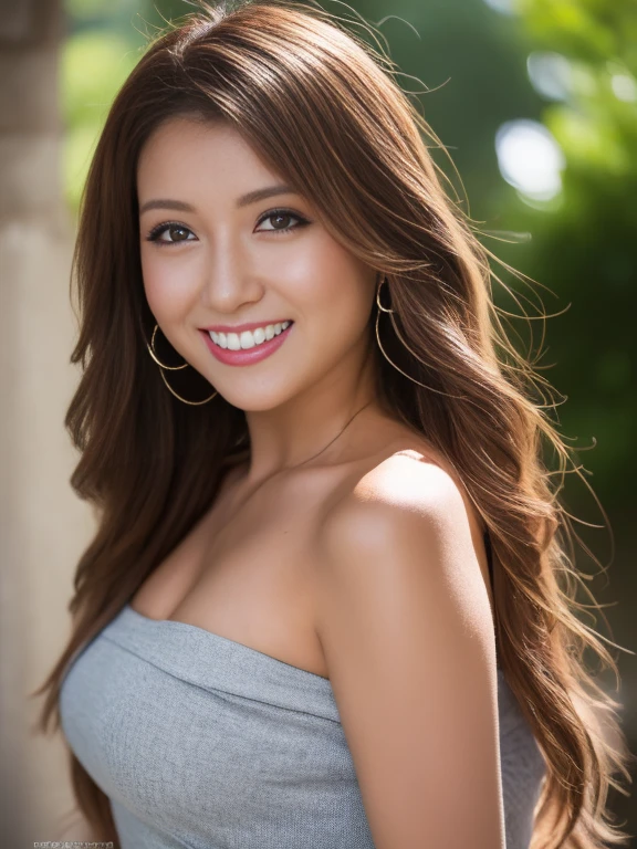 (Highest quality,10,10,High resolution,masterpiece:1.2),Super detailed,Realistic:1.37,Professional,One 19-year-old girl with long hair, Flowing hair and a metallic grey strapless shirt, And wear a sarong., Symmetrical shape,Vibrant colors,Bokeh,Studio Light,Portraiture, 1 Girl、smile