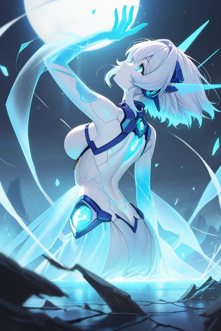((best quality,ultra-detailed,vivid colors, perfect anatomy)),((Setsuna (Setsuna) Redo of Healer, Setsuna)), blue eyes, ((white hair, medium hair)), wolf ears, wolf tail, (((full body, slim defined body))), ((Sexy outfit, outfit showing shoulder, low-cut outfit, showing thigh)), ((((ice goddess)))), ice temple background.