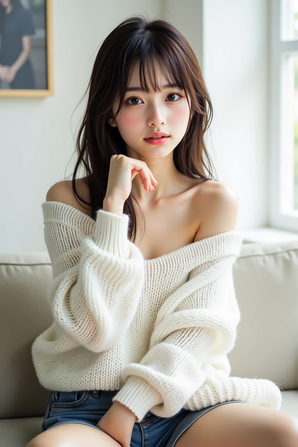 masterpiece, highest quality, 8k, 20th Generation, Large Breasts, cute, alone, sad, cute, Girlish, Delicate girl, Pure beauty, RAW Photos, Professional photography, Portraiture, Soft Light, Professional Lighting, Backlight, Head to Knee, avert your eyes, Sophisticated, Film Grain, (Eyes and facial details:1.0), Short floating hair, Beautiful, flowing hair, bangs, (Loose cardigan(Light blue))、(Large Breasts:1.0)、You can see a little cleavage、Micro Mini Skirt、Voluptuous thighs、Dolly Makeup、Odd Eye、The color of the eyes is different on each side