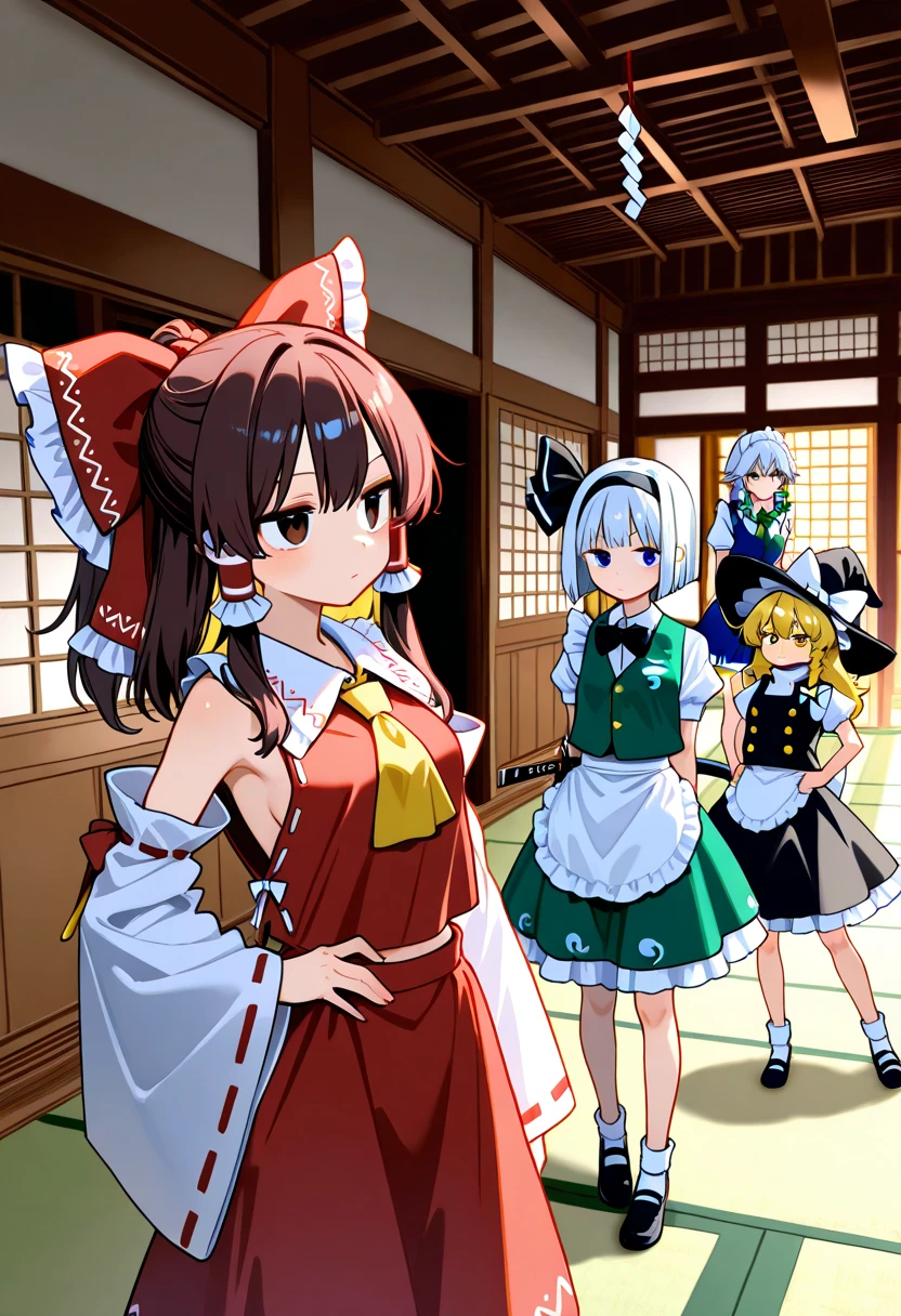 five girls,hakurei reimu,kirisame marisa,komeiji satori,konpaku youmu,izayoi sakuya,touhou,staring at us、line up、shrine、Japanese-style room