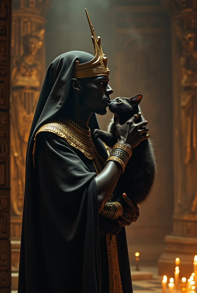 A captivating, cinematic portrait of an Egyptian pharaoh and a handsome black dog . Young Pharaoh Tutankhamun, with 18 years, has short black and white hair and wears a golden crown intricately adorned with a golden serpent. He is dressed in a priestly robe and elaborate metallic accessories., encrusted with jewels, displaying his wealth and power. The background features a dark and impressive sacred temple, lit by torches that cast long, dramatic shadows. The atmosphere exudes mystery and historical significance, as if the spirit of Pharaoh is watching his eternal resting place., photo, cinematic