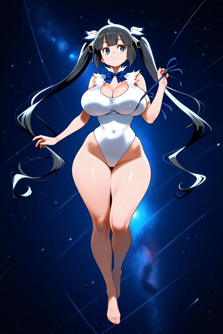 masterpiece, best quality, <lora:hestia-nvwls-v1-000008:0.9> defhestia, twintails, hair ornament, white dress, blue bowtie, cleavage cutout, blue ribbon, arm ribbon, short dress, white gloves, sky, clouds, mountains, raised arms, smile, arms in the air
