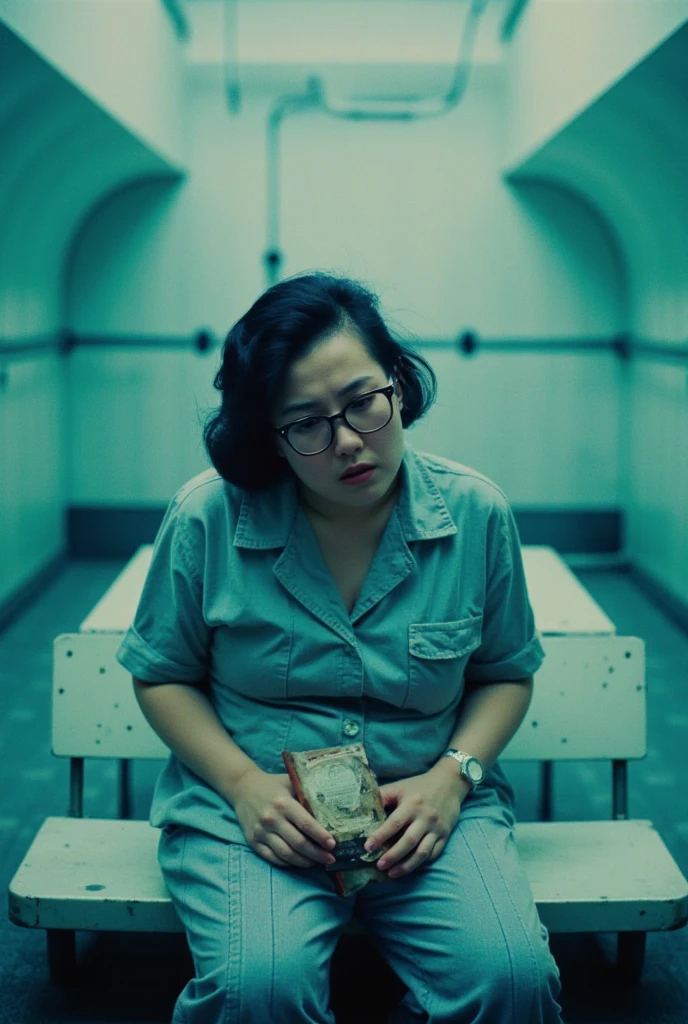 A fully naked, plump middle-aged female prisoner Dirty soles Prisoner Number 096 Messy Hair A tattered, thin, persimmon-colored kimono Japanese Crying in a dark, narrow cell Dirt Sweaty Chains on ankles Tears Sitting Inside a Iron Bar Cage