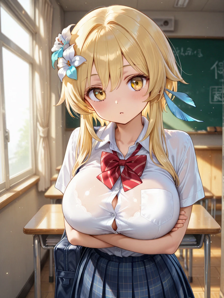 In 8K、highest quality、masterpiece、Super detailed、ultra high resolution、anime style、1 female、school classroom、white blouse、brightly printed panties、red pleated skirt、brightly printed bra、Lens flare、(Cat ear)、Bob cut blonde hair、big breasts、open your mouth and 、smile、full body shot、Pink nipples are visible