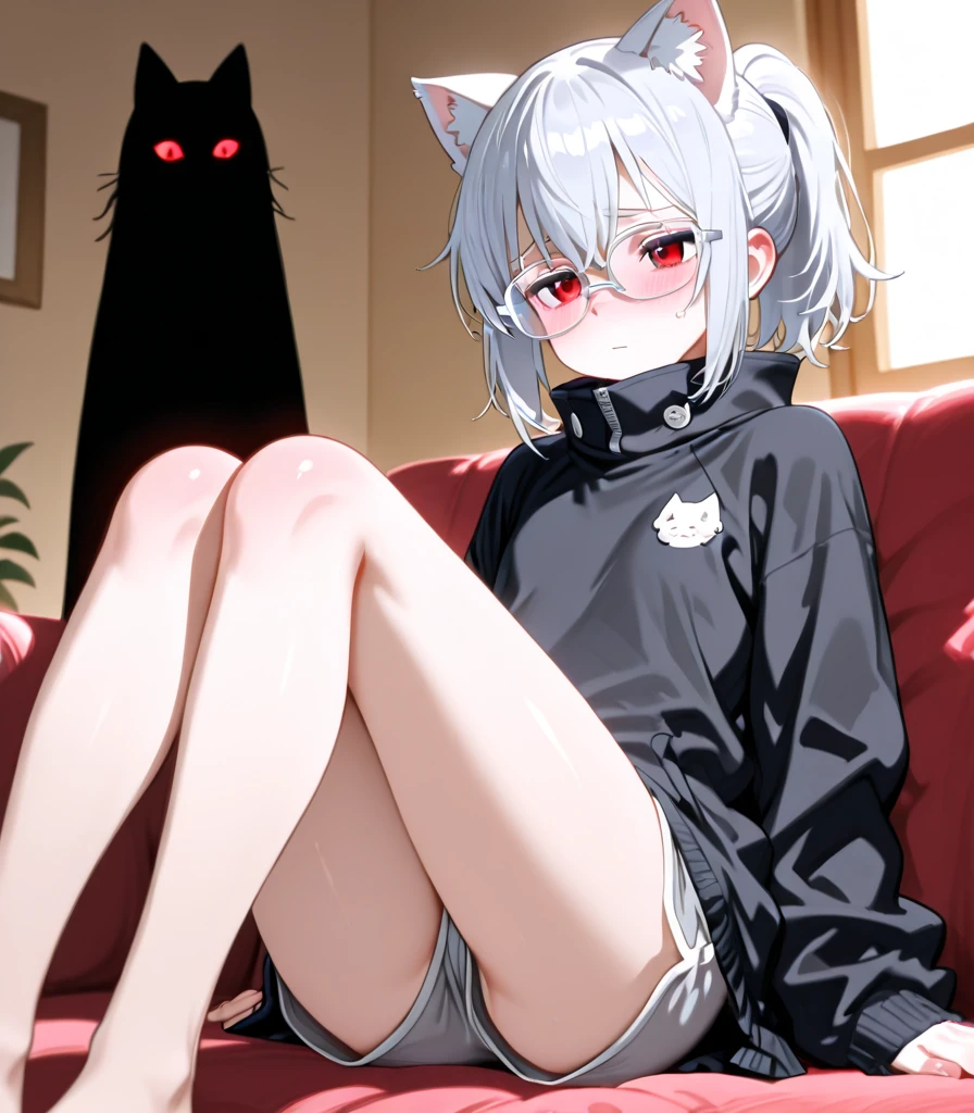 anthropological girl with cat, Long hair, cat tail, alone, furry, furry girl, (girlish, young, gray fur, gray body, blue eyes, grey hair:1.2), (panties, t-short, black open jacket), (detailed background, windows, room, day, buzzer, storm, Street, Rain, grey background), spreads her legs, you can see her underboobs