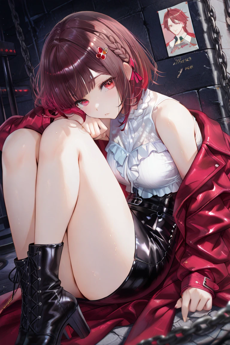 absurdres, RAW photo, extremely delicate and beautiful, masterpiece, Best Quality, ultra high resolution, 32k, hyperrealistic, ultra-detailed, perfect figure, Perfect Style, Perfect balance, in her 20s, very small head, very small face, delicate facial features, tearful mole, earring, very huge breasts, full body shot, bare legs, medium hair, black hair, business suit, jacket, blouse, short skirt,