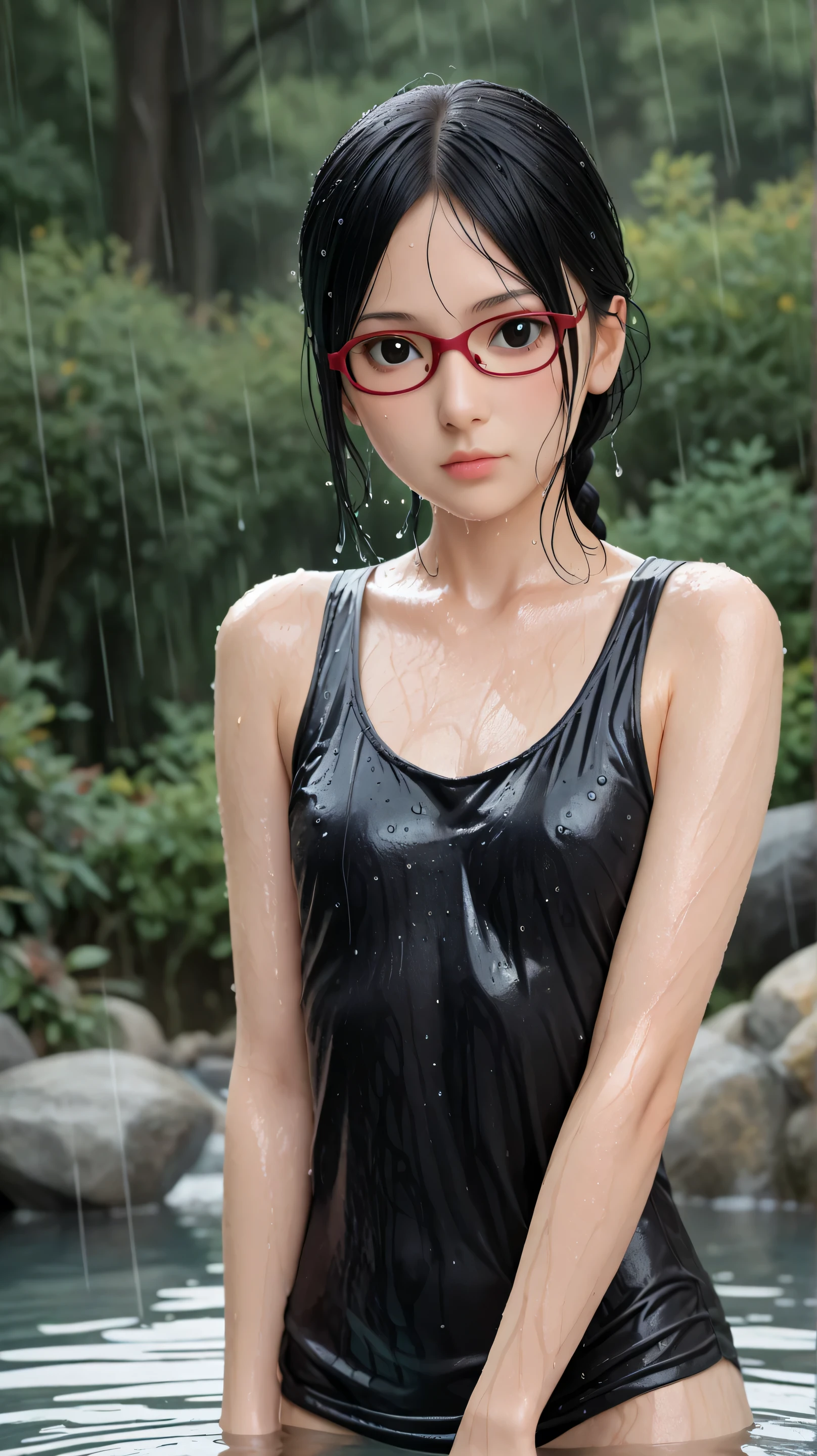 (masterpiece, highest quality), One Girl, Satou, Satou, Glasses, 赤いフレームのGlasses, A bath towel is wrapped around the body:1.8, Satou, Glasses, 赤いフレームのGlasses, hot spring,head to feet,hot springに入っている,Wet Hair,