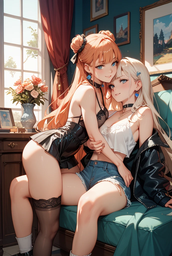 two beauties touching each other, (Transparent shirt: 1.2), (Open shirt), Light clothes, Sleeveless, Two women posing for a photo on bed, Surreal full-body figure, Beautiful and detailed body and face, gorgeous figure, pony tails, Clear, Smile, Moaning, Tease, Surreal full body body, Beautiful and detailed body and face, Extra-long viewing angle, Fair skin, Bright colors, Asian, There is almost nothing in the clothes, Blurry,
