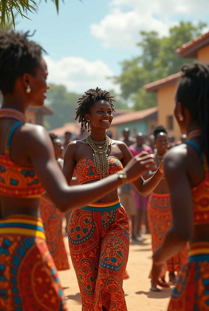 Creer une image dans la grande cour du centre culturel Macumba,  01 mai fête kouzin zaka, des tables avec fruits et legumes, de très beaux decorations pour cette fete de couzin zaka. Les enfants âgés entre 10 et 18 ans, s'habilles en habits traditionnels, colliers, des  cheveux crepus, lisses.  Trois petites en train de danser la danse de cousin zaka. Scène hautement coloré, camera 4d, très lumineux. La secrétaire SKET.M coordonne