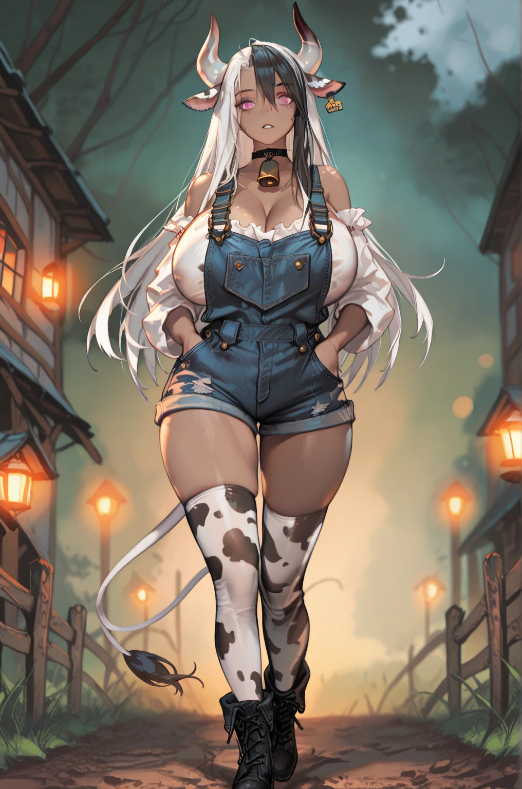 8k_wallpaper, extremely detailed eyes, extremely detailed body, (large masterpiece digital art), (detailed manga illustration), (detailed line art), ((perfect anatomy)), (intricate details:1.3), (ultra-detailed:1.3), (illustration:1.3), (sharp focus:1.3), (natural lighting:1.05), (vivid colors:1.3), (masterpiece), (best quality:1.4), (perfect anatomy:1.4), high quality, expressive eyes, full body, tall girl, detailed face, beautiful face, perfect face, detailed ((white hair)), (black hair), (pink eyes), {{dark skin}}, ({dark skinned female}), cow girl, gigantic breasts, thick thighs, very long hair, bare shoulders, denim, (blue overalls), overalls, dynamic lighting, cow print, high resolution, 4k resolution, dynamic pose, silver jewelry, {fantasy farm background}, choker, (cow ears), {{cow tail}}, (tail), ((streaked hair)), wide hips, thighhighs, horns, {cow horns}, animal ears, skin dentation, curvy, plump,
