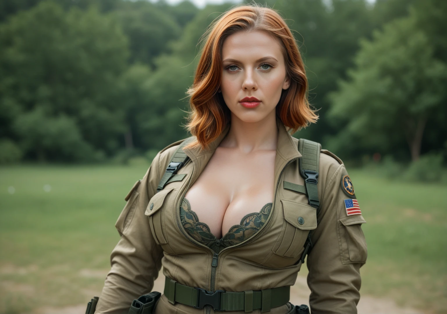 buxom young (20) Irish girl with red hair, green eyes, freckles, oversized breasts nipples covered, baseball cap, daisy duke coveralls nipples covered, she is driving a tractor through the field pulling a wagon of hay, countryside farm, show all of her, body shot