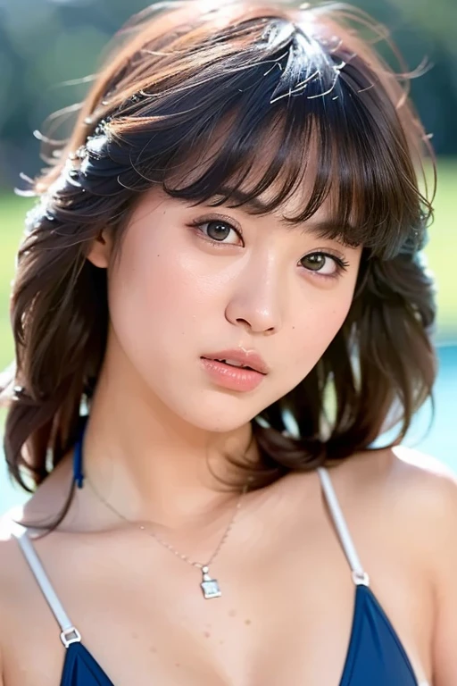 masutepiece, Best Quality, in 8K, Raw photo, award winning portrait, Smile, Solo, (Night:1.8), Idol face, Delicate girl, Upper body , Digital SLR, Looking at Viewer, Candid, Sophisticated,Thin arms, Professional Lighting, Film grain, chromatic abberation, (Eyes and faces with detailed:1.0) , closes mouth , A dark-haired , drooing eyes , Average-sized breasts,swim wears
