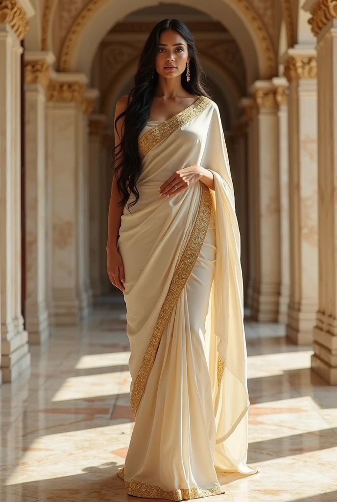 a majestic Greek goddess. Picture her draped in ethereal robes, adorned with intricate golden jewelry that symbolizes her divine status. Create an atmospheric scene inspired by ancient Greece, with soft lighting casting a celestial glow around her. Incorporate elements that evoke her unique allure and mysterious presence, fusing the ethereal beauty with the timeless elegance of a Greek deity. The final image should capture the essence of her as a goddess, blending classical aesthetics with her distinct charisma."
