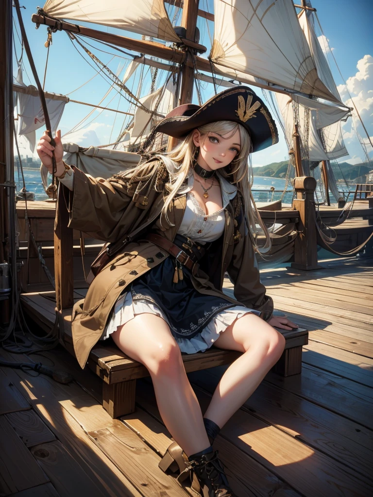 Official art, 8K, ultra-detailliert, Beautifully Aesthetic, ​masterpiece, top-quality, ,dynamic ungle, Cowboy Shot, bright colour, (half: 1.2), (Dreams: 1.5), (Han Feng: 1.7),reallistic,a picture,,High school girl on a pirate ship,Dark green underwear,High school girl dressed as a pirate,a navel,The sword,gun,captain,Skull Mark Hat, (Sit on the ground and squat)((open the legs widely))、(Spread your legs apart))),