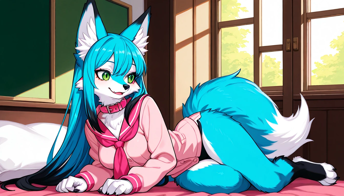 red fox, blue-haired, long and long blue hair, stripped skin, blemished skin, Very good figure, bright tone, warm color, colorfully, work of art, super detaill, high qualiy, best qualityer, high resolution