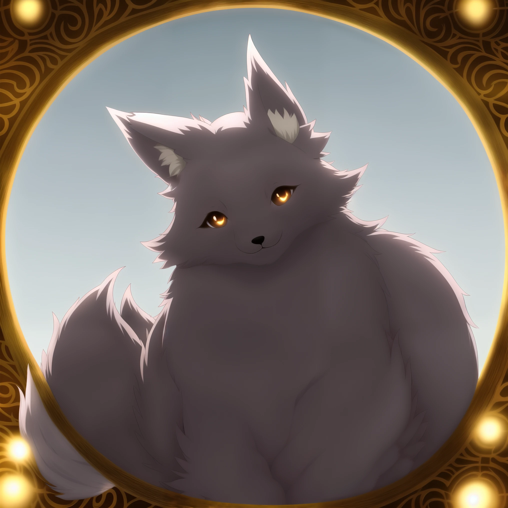 cute fox spirit, fluffy white-gold fur, large soft tails, gentle eyes, front-facing, mystical golden glow background, soft lighting, fantasy atmosphere, 8k, high detail, anime style, warm expression, centered composition