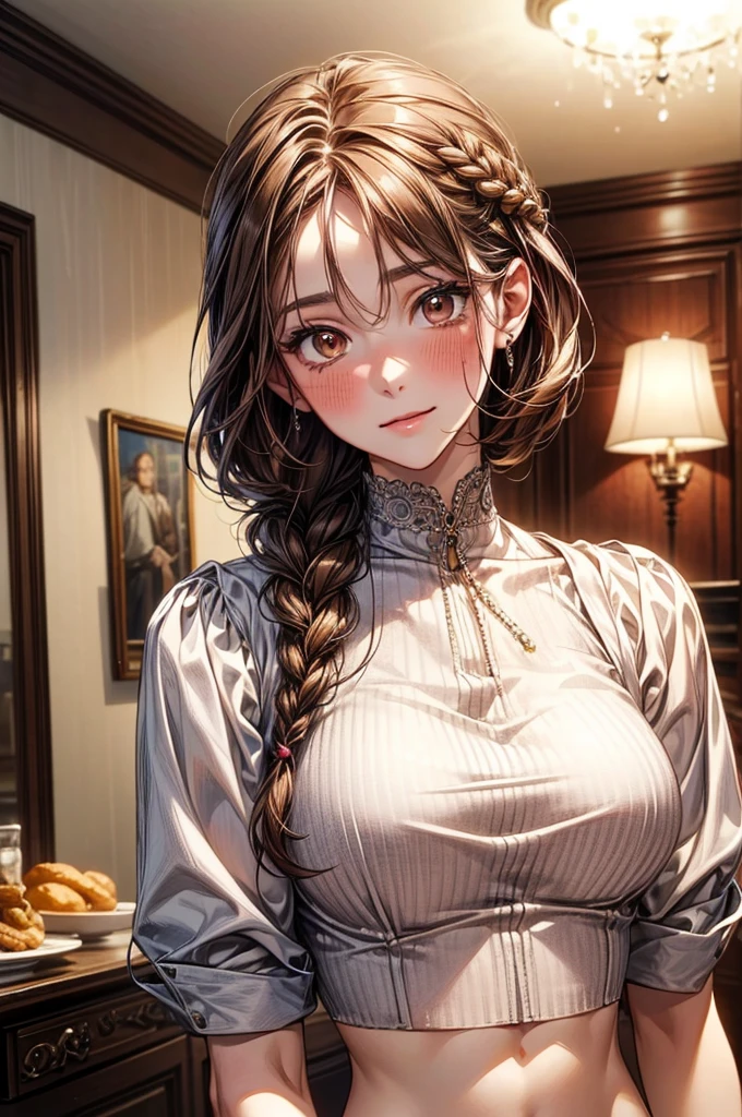 (table top, digital art, digital illustration, 4k, 8K, Super detailed, beautiful images, clear image, realistic, Raw photo, perfect face, perfect lines, perfect eyes, soft lighting) 1 female, (light brown hair,chignon hair,innocent look,droopy eyebrows,droopy eyes,With a round face,round chin、innocence,cute,Big eyes,natural makeup,smile gently,E cup,23 years old:1.3),Two handsome men in suits, (human,man wearing a suit,muscular,solid shoulder width,adult male,boyish hairstyle,A man in his 30s with a cool expression,28 year old man with a bright smile:1.2)、Department store、Department Pa Underground、Cosmetics department、paints、couple、coupleキス、romance porn、見つめ合うcouple、
