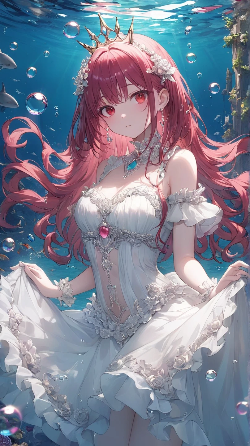 A mermaid dancing gracefully in the depths of the ocean, pink hair, pink strands of hair, Surrounded by sparkling pearls, pink hair, big hair, sun crown on her head,