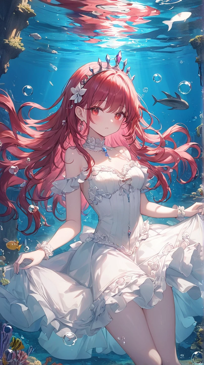 A red-haired mermaid princess。She has blue eyes、Red hair and pale pink lips。She wears a pearl-decorated tiara on her head.,Pearl earrings on the ears,A pearl necklace on her neck。Her body seemed to be surrounded by water.,There are bubbles and water droplets around。The fish's tail looks like a long flowing skirt。The whole picture gives people a mysterious and dreamy feeling。Add some details,Make the picture richer,Clear facial features,primary color,High-definition quality,high quality,masterpiece,best quality,Ultra Detailed,Adding details,high resolution,Clarity Enhancement,Detail Enhancement,极high resolution