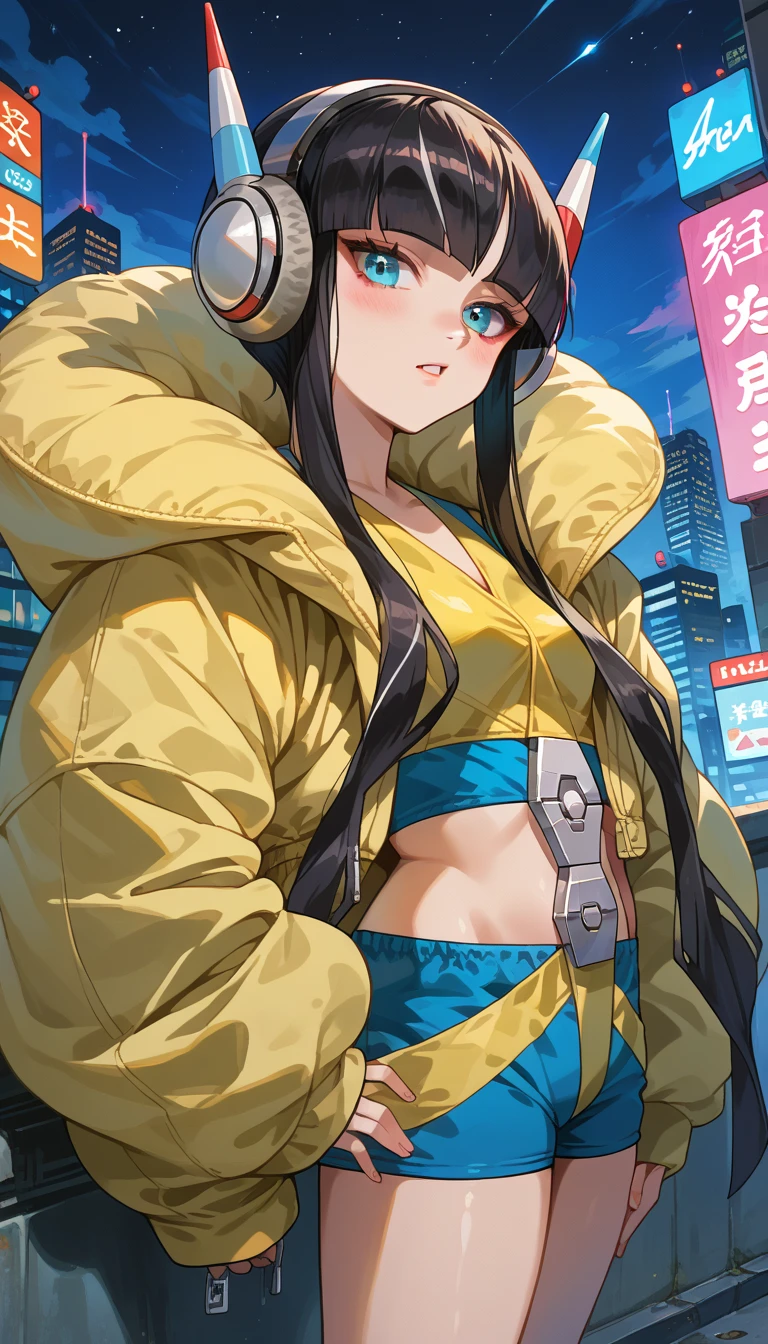 bw2elesa, black hair, streaked hair, long sidelocks, hair ornaments, headphones, yellow jacket, puffy jacket, crop top, yellow and blue shorts, bigass, big breasts