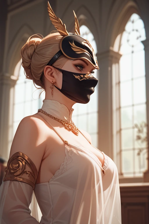 24-year-old female、mature、Platinum Blonde、Tie up your hair、hair ornaments、Décolleté exposure、Cleavage Emphasis、Party Dresses、Good looking、necklace、Earrings、Sparkling、Masquerade、Masquerade mask decorated with lace((masquerade mask))、Long gloves with lace、A luxurious ballroom