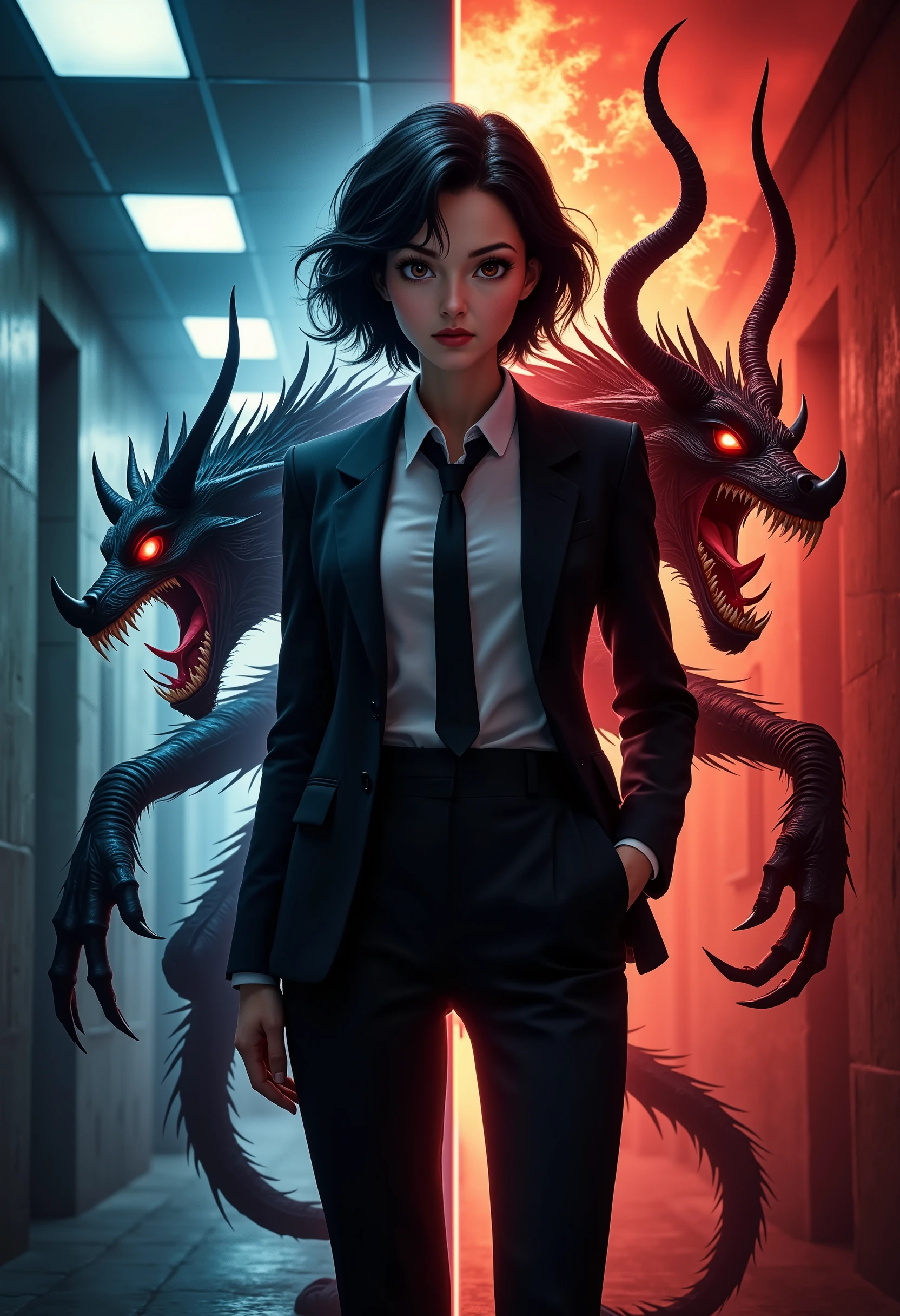dual identity, ordinary person, demon, split screen, full body, on left side one woman is wearing office suit, on right side one woman is a demon, anime, ray tracing, cinematic lighting, wide shot, Wide-Angle, masterpiece, anatomically correct, high details, high quality, 8k