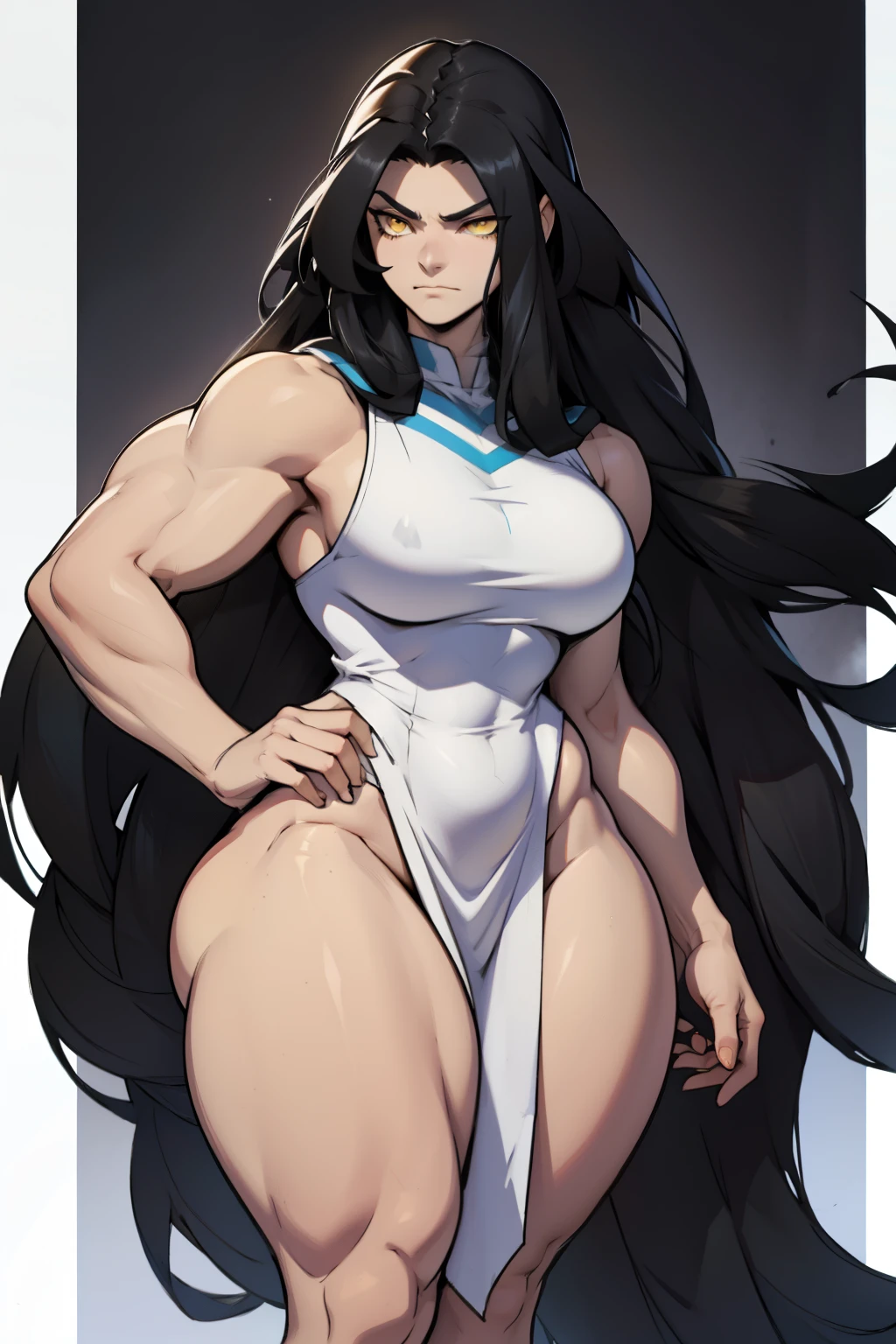 black hair, very long hair, yellow eyes, thick thighs, large breasts, (muscular), pale skin, toned body