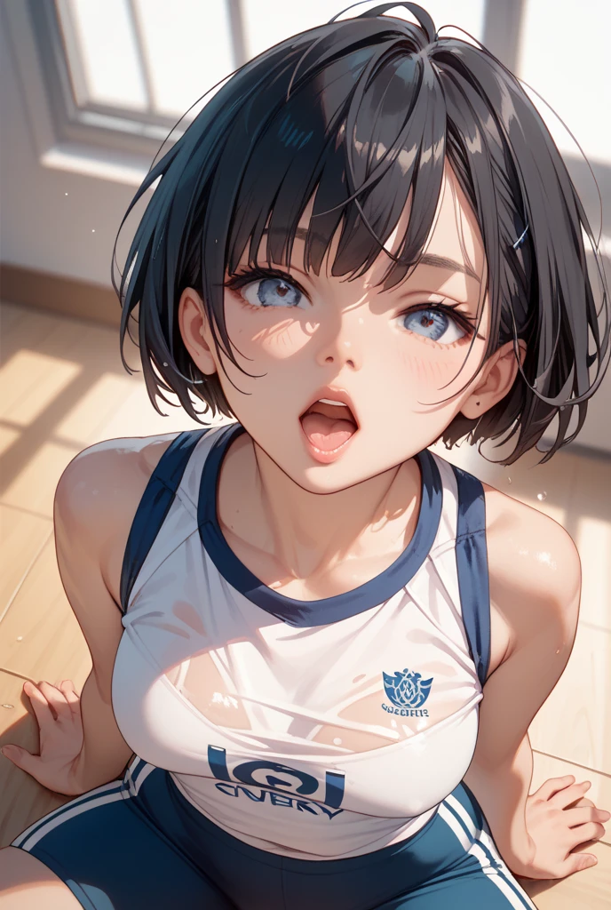 very cute and beautiful girl,(Very detailed美しい顔), (((Close-up shot of face、Open your mouth very wide、Sweating all over、White liquid))),blush,Black Hair,Seraphim,((short hair、Black Hair、Pink hair on the inside、Gal、Small breasts)),((Track & field athletes' uniforms)),((Reaching for the camera、Spread your legs、High angle、Dynamic Angle)), ((Small storage room in gymnasium、Dim lighting、vapor、Sigh、The expression of the limit)), (Highest quality,masterpiece:1.0),Absurd,High resolution,Super detailed,Very detailed,32k,8K resolution, Intricate details,Movie Scenes,Detailed Background,alone,Dynamic Angle,