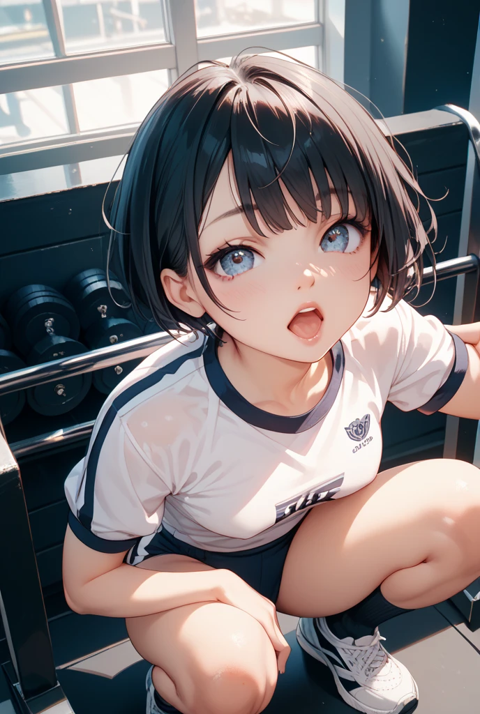 very cute and beautiful girl,(Very detailed美しい顔), (((Close-up shot of face、Open your mouth very wide、Sweating all over、White liquid))),blush,Black Hair,Seraphim,((short hair、Black Hair、Pink hair on the inside、Gal、Small breasts)),((Track & field athletes' uniforms)),((Reaching for the camera、Spread your legs、High angle、Dynamic Angle)), ((Small storage room in gymnasium、Dim lighting、vapor、Sigh、The expression of the limit)), (Highest quality,masterpiece:1.0),Absurd,High resolution,Super detailed,Very detailed,32k,8K resolution, Intricate details,Movie Scenes,Detailed Background,alone,Dynamic Angle,