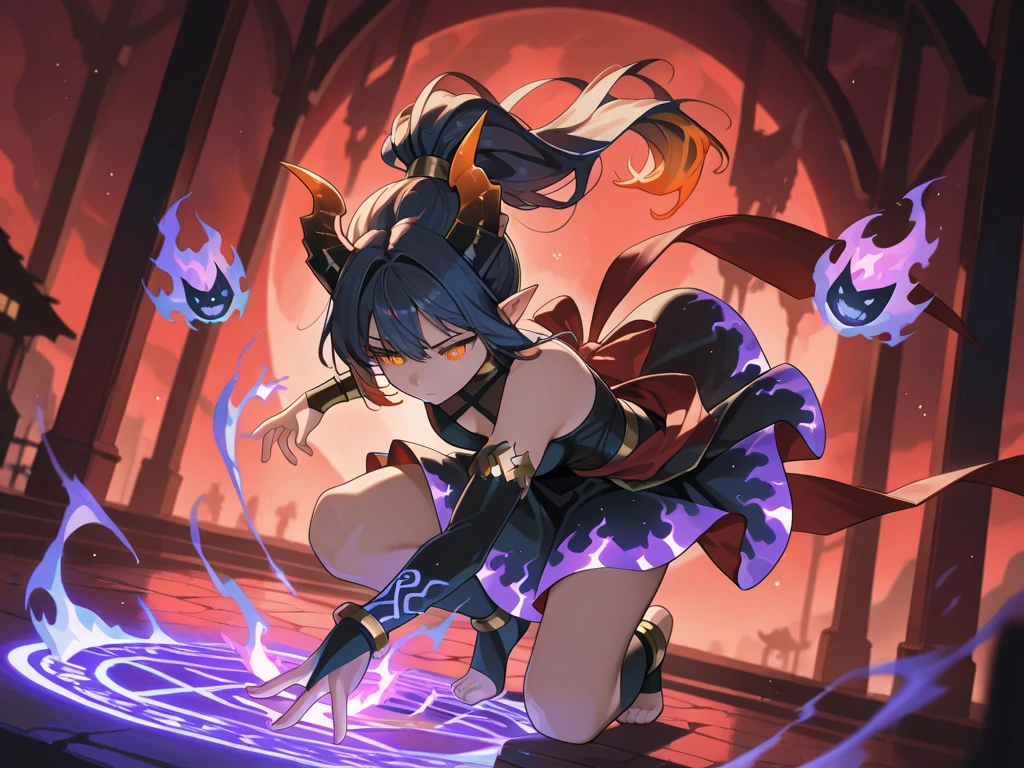 (masterpiece), best quality, expressive eyes, (best quality),((breast protrusion)),((Sexy)),Main color strip red clothes,(((Korean anime faces))), Beautiful anime are all about cute girls,Wearing Hanfu,(short skirt), that girl'hair is very long.,Hair color is black,Hair style is ponytail,The eye style is hooded,Sexy的,Profound,charming,mystery,facial expression is smile,Dojo in the studio,The situation is that holding employees,The wand is a weapon in the wizarding world,Female holding a stick,The season is autumn