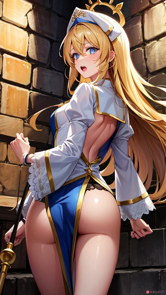 Very detailed、highest quality、Best image quality、masterpiece、8k、Sparkling Blue Eyes、Anime Face、A kind smile、Open Mouth、(Blonde long hair:1.5)、(SFW Giant)、Rear View、Cowboy Shot、(White Thong:1.5)、(Muscles of the whole body)、Horn、ckundies