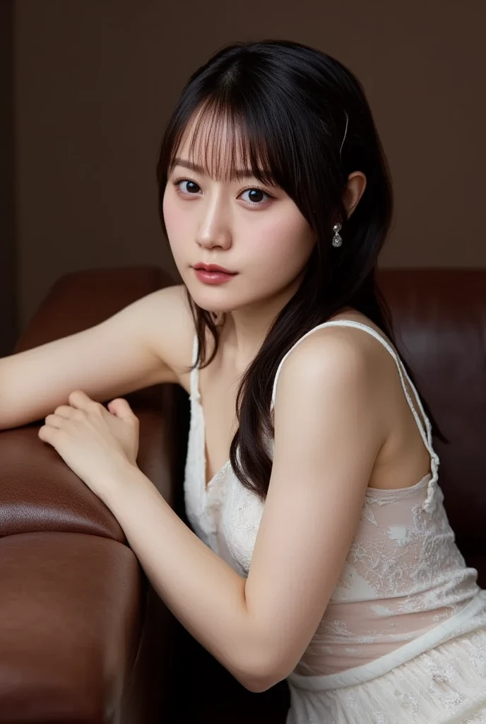 masterpiece、highest quality、16K、soft light、professional lighting、Pale shading、Weak contrast、Japanese、beautiful girl、daytime office、Window seat、sitting in front of the computer、A loose white see-through blouse、The skin is visible through the fabric、nipple、navy pleated skirt、(smooth and beautiful thighs:1.6）、(Just the right size for medium breasts:1.0)、Faint cleavage、fine and beautiful eyes、（cute hanging eyes）、（thin eyebrows）、（thin lips）、gentle smile、(Thin, straight, long hair、high ponytail),(The bangs are see-through bangs)、