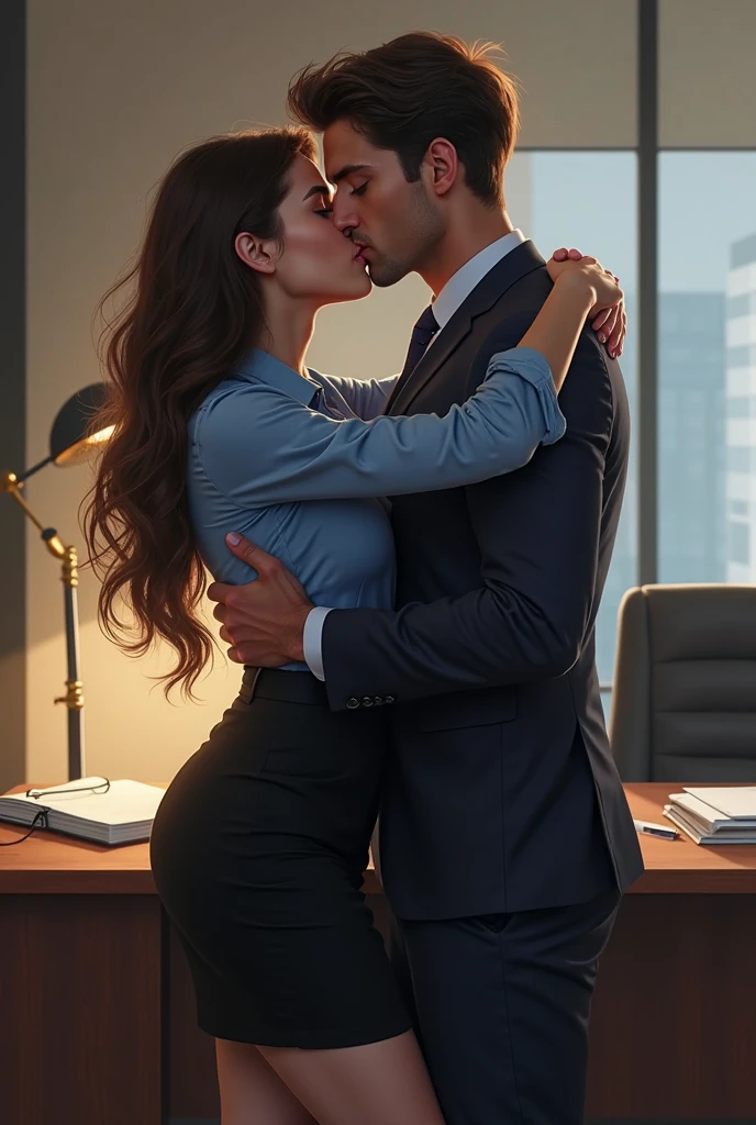 1 man,1woman, woman in long hair, woman look like Dashaa Taran, blonde hair, purple eyes, red shirt, black skirt, man in musculair, man look Lee Min Ho, suit, trained, man are taller than woman, hugging romance, background office room