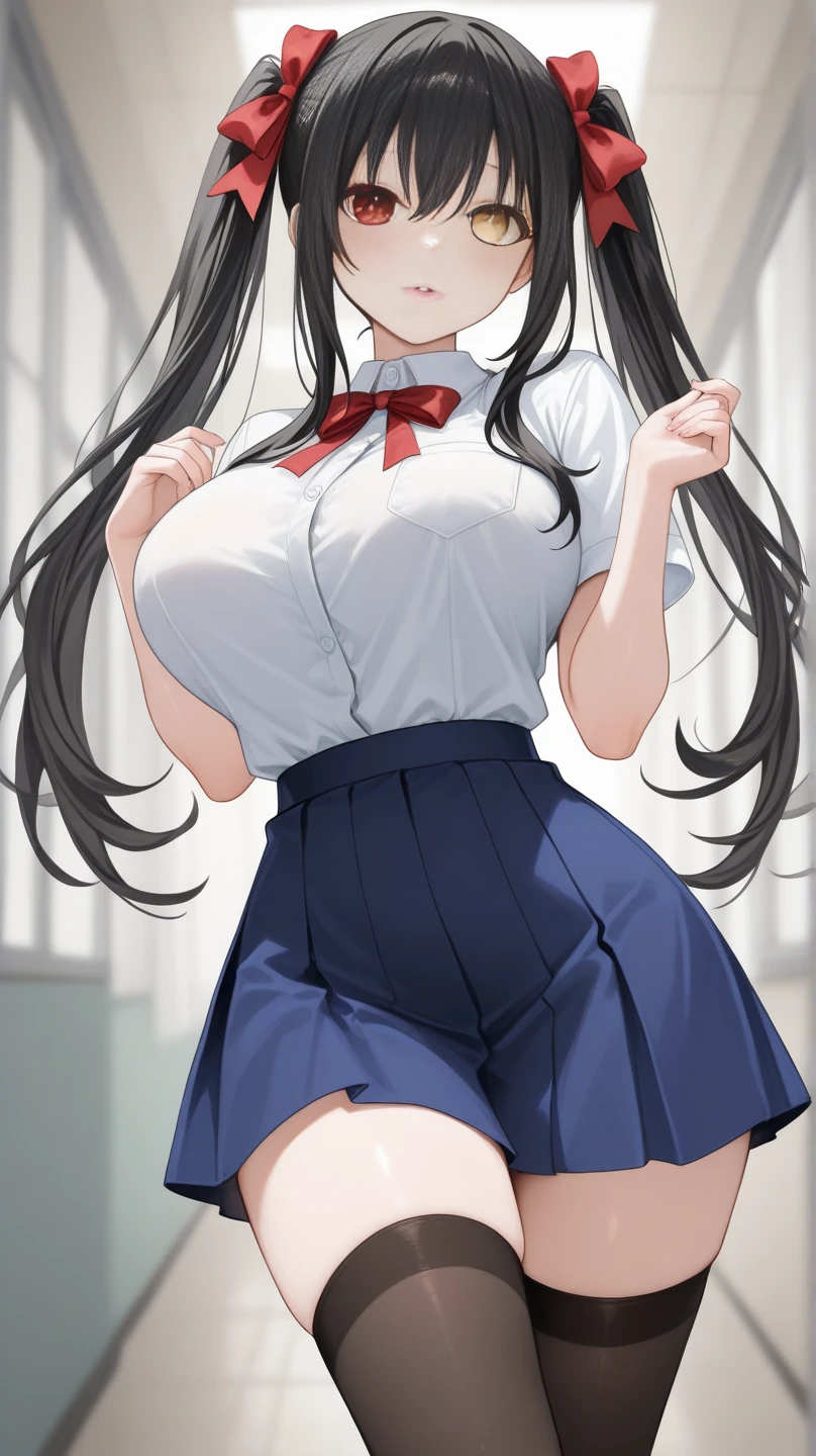 high tail hairstyle, Ponytail hairstyle, Long wavy black hair, standing posing, anime girl style, pixel art anime style,penetrating look with deep eyes,red and purple eyes, hair with a ponytail hairstyle trapped with a big red bun, Women, red hair clips, x color shaped hair clips , short white shirt, smooth receptionist miniskirt, smiling face blush, standing in his bedroom, next to his bed, receptionist clothes, lifting her skirt, grabbing her skirt with her hands to lift it up, letting her look at her underwear. 