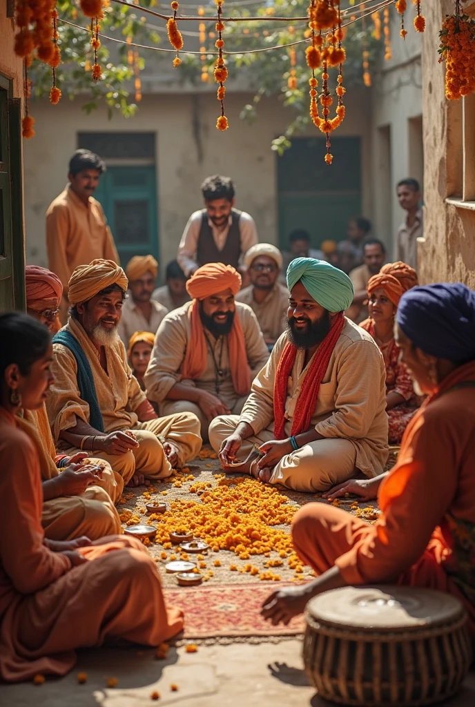 Three hindu men drink tea in tea stall on clock tower in lucknow