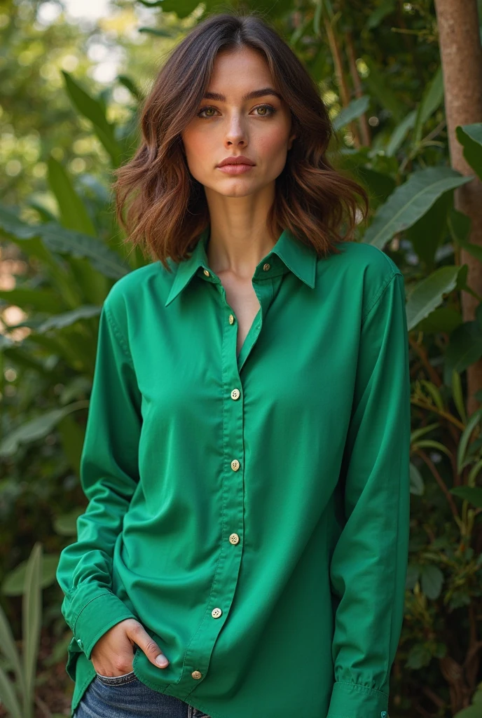 (masterpiece, best quality:1.5), highest quality, High resolution, super detailed, Realists, Full body photo of a young European brunette, detailed and beautiful blue eyes, very detailed eyes and face, longeyelashes, the young woman wears a long shirring shirt made of shiny green satin and tight grey pants, beautiful natural makeup, elegant and noble々Pose, Gardens as background, soft daylight, bright colors, fine brushstrokes, shiny clothing fabric, beautiful color palette, glowing skin, First-class rendering, that captures every detail, enchanting atmosphere, subtle shadows and lights, (perfect anatomy:1.2), (The stunning young woman stands in the park and seems in love, (magnificent panorama view:1.2)