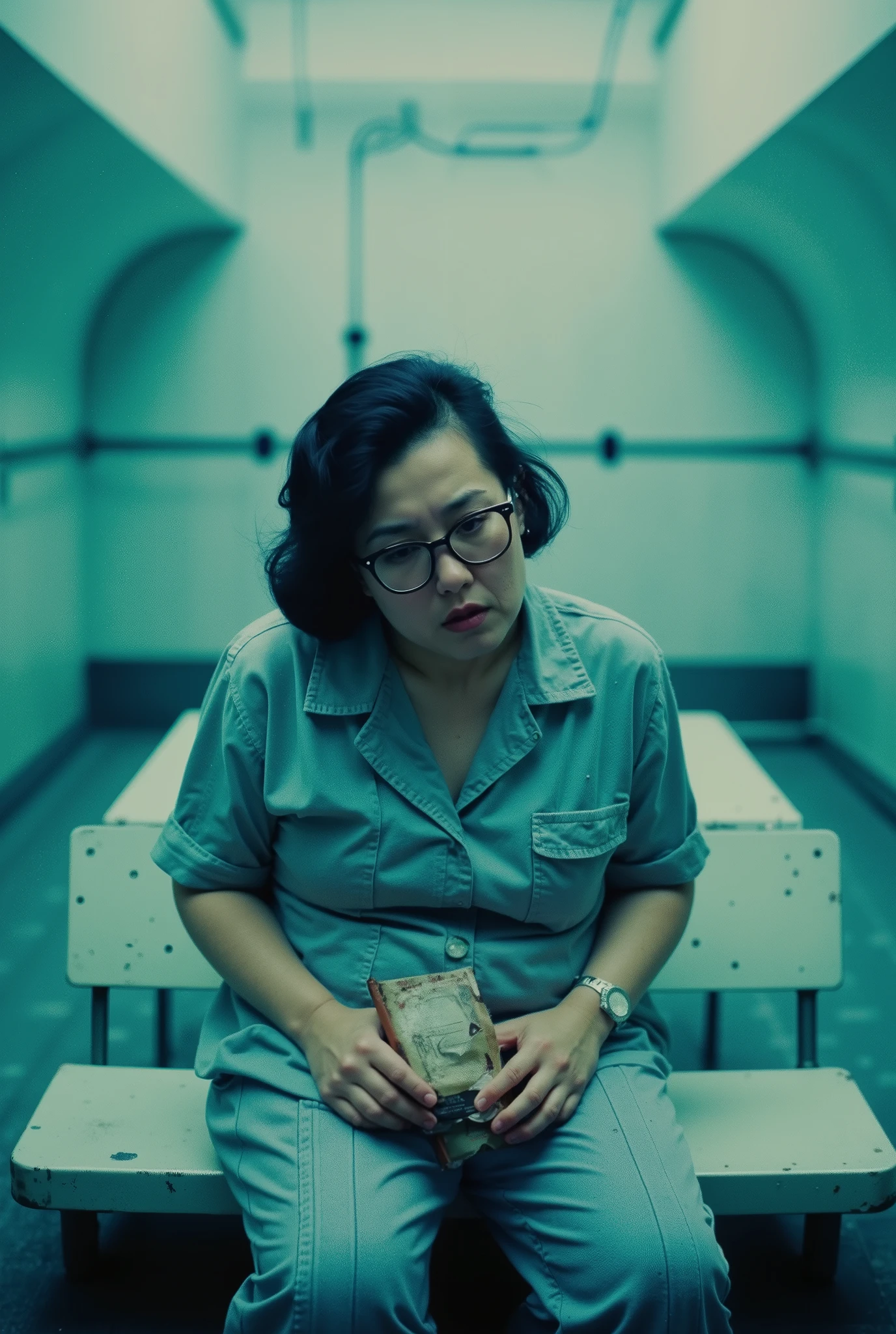 Close up polaroid of a 55yo plump female /(italian, brunette)/, dressed in a grey jail jumpsuit, wearing glasses, the woman sits holding a torn and dirty old passport between her fingers and looks at it frightened. The space is empty, with walls curved at impossible angles. The atmosphere evokes a feeling of strangeness and depersonalization, with a hyperrealistic, science fiction style, and a clinical and futuristic environment. Cold lighting, blues predominate.