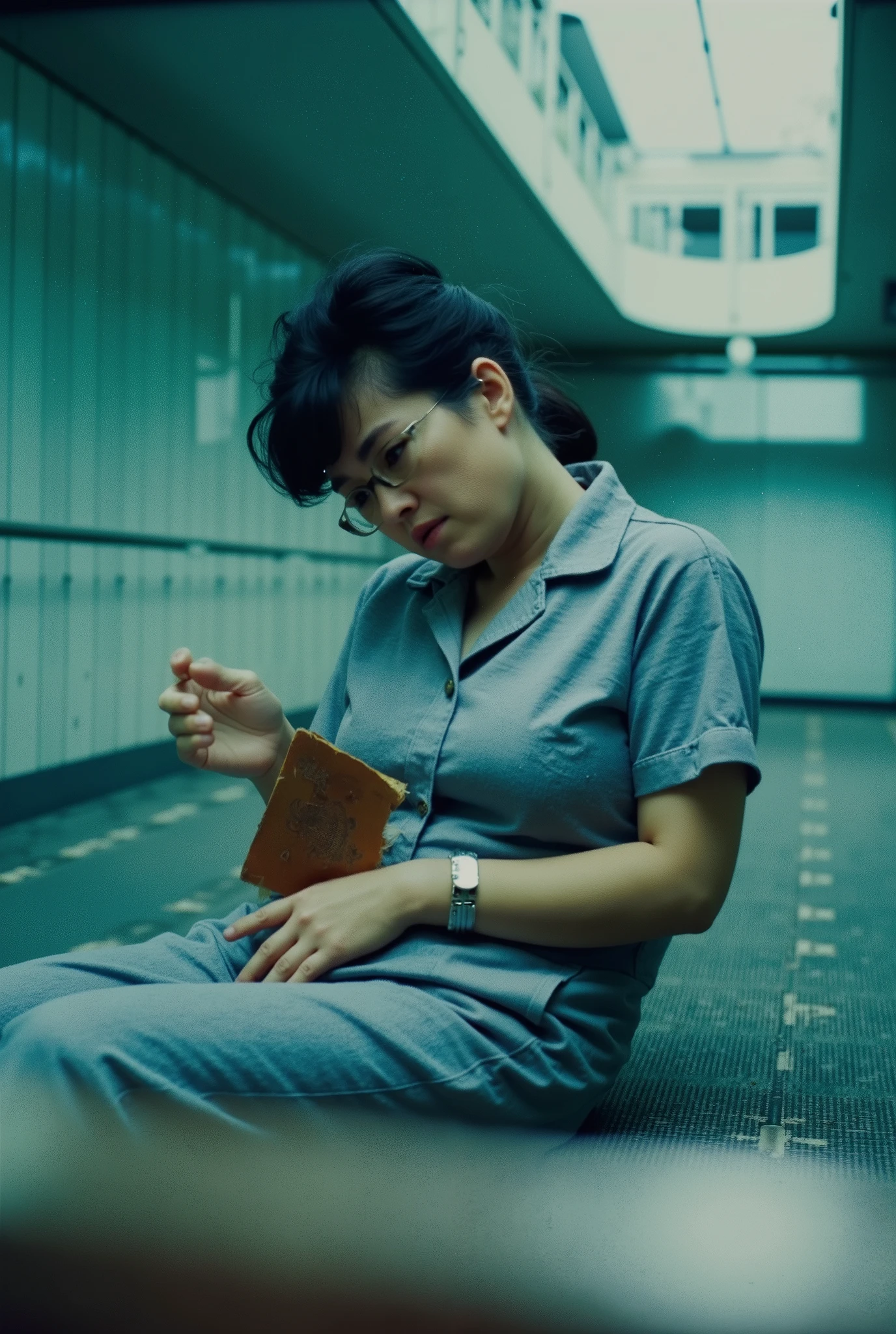 Close up polaroid of a 55yo plump female /(italian, brunette)/, dressed in a grey jail jumpsuit, wearing glasses, the woman sits holding a torn and dirty old passport between her fingers and looks at it frightened. The space is empty, with walls curved at impossible angles. The atmosphere evokes a feeling of strangeness and depersonalization, with a hyperrealistic, science fiction style, and a clinical and futuristic environment. Cold lighting, blues predominate.