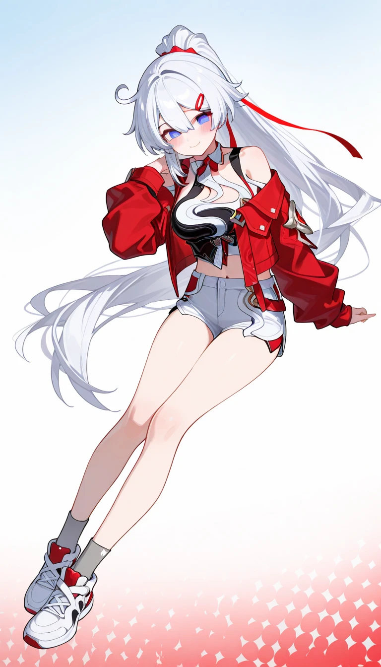 female, silver long hair, red eyes, tan skin, (((1girl))), (((red and black bikini))), (gold jewelry), (black heeled sandals), cute and sexy, large breasts, large butt, full body, long legs, smiling, black angel wings on back