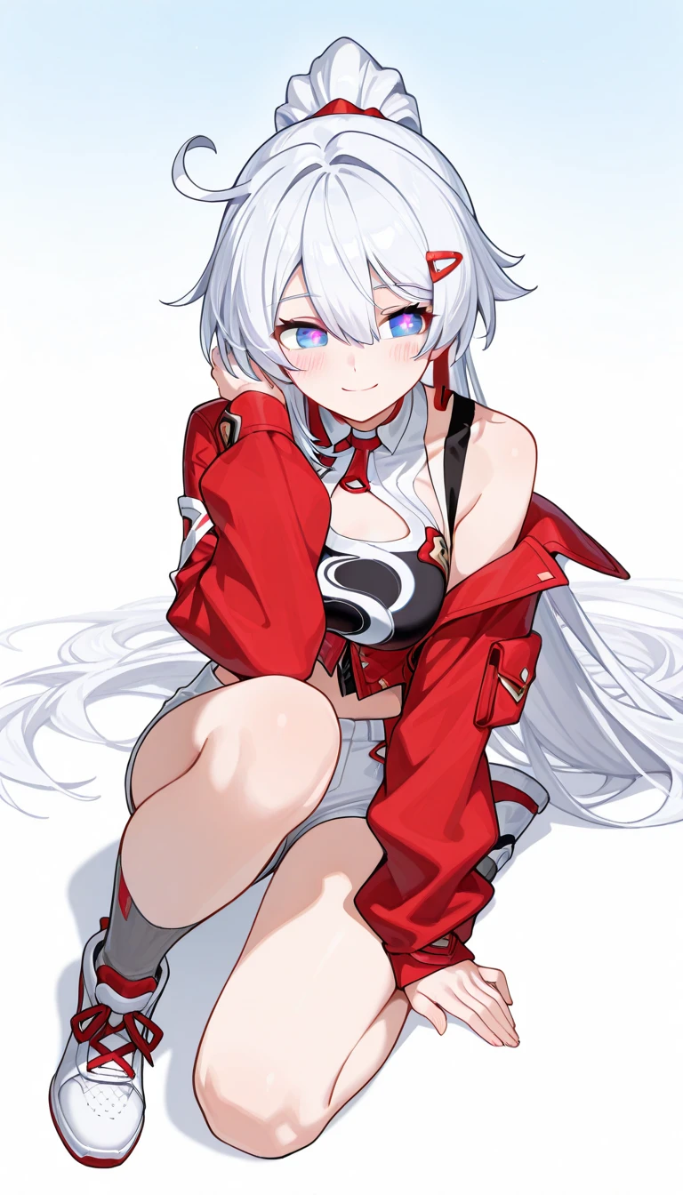 (((high quality))),(((masterpiece))),(((highly detailed))),((illustration style)),
(((fujiwara no mokou))),(touhou),(((red eyes))),(((long hair,white hair,bangs,hime cut)))),(((hair bow, white bow))),(((white leather jacket))),(((Flame Pattern print red full bodysuit))),((latex)), (shiny clothes:1.2),(((grin))),(((large breasts))),(((full body))),(((arm behind head))),(((model posing))),((((simple white background))),(((Diagonal angle)))