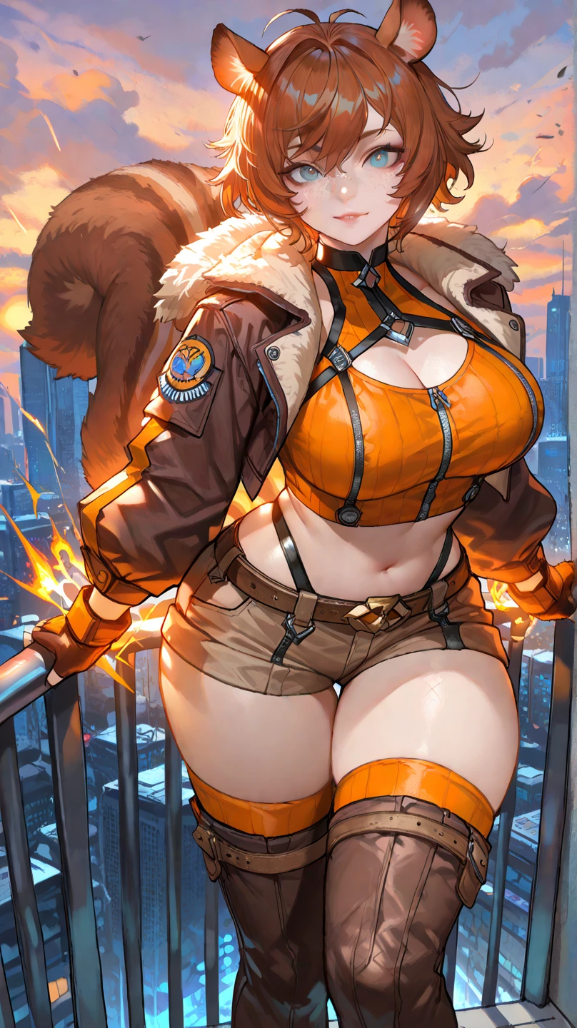 score_9, score_8_up, score_7_up, source_anime, beautyful woman, anis from nikke, orange jacket, white cropped, with a skarmory pokemon 
