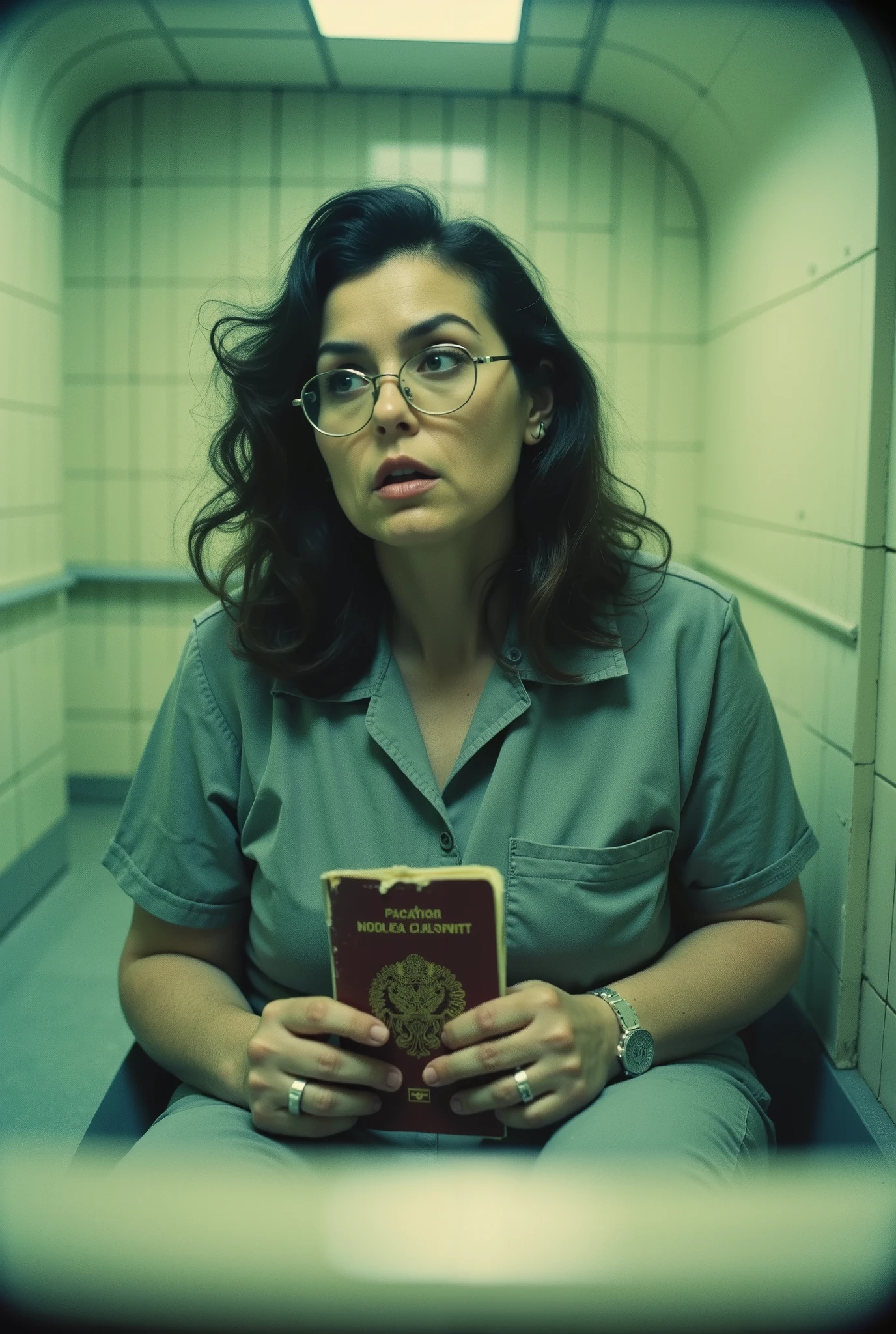 Close up polaroid of a 55yo plump female /(italian, brunette)/, dressed in a grey jail jumpsuit, wearing glasses and crying, the woman sits holding a torn and dirty old passport between her fingers and looks at it frightened. The space is empty, with walls curved at impossible angles. The atmosphere evokes a feeling of strangeness and depersonalization, with a hyperrealistic, science fiction style, and a clinical and futuristic environment. Cold lighting, yellow predominate.
