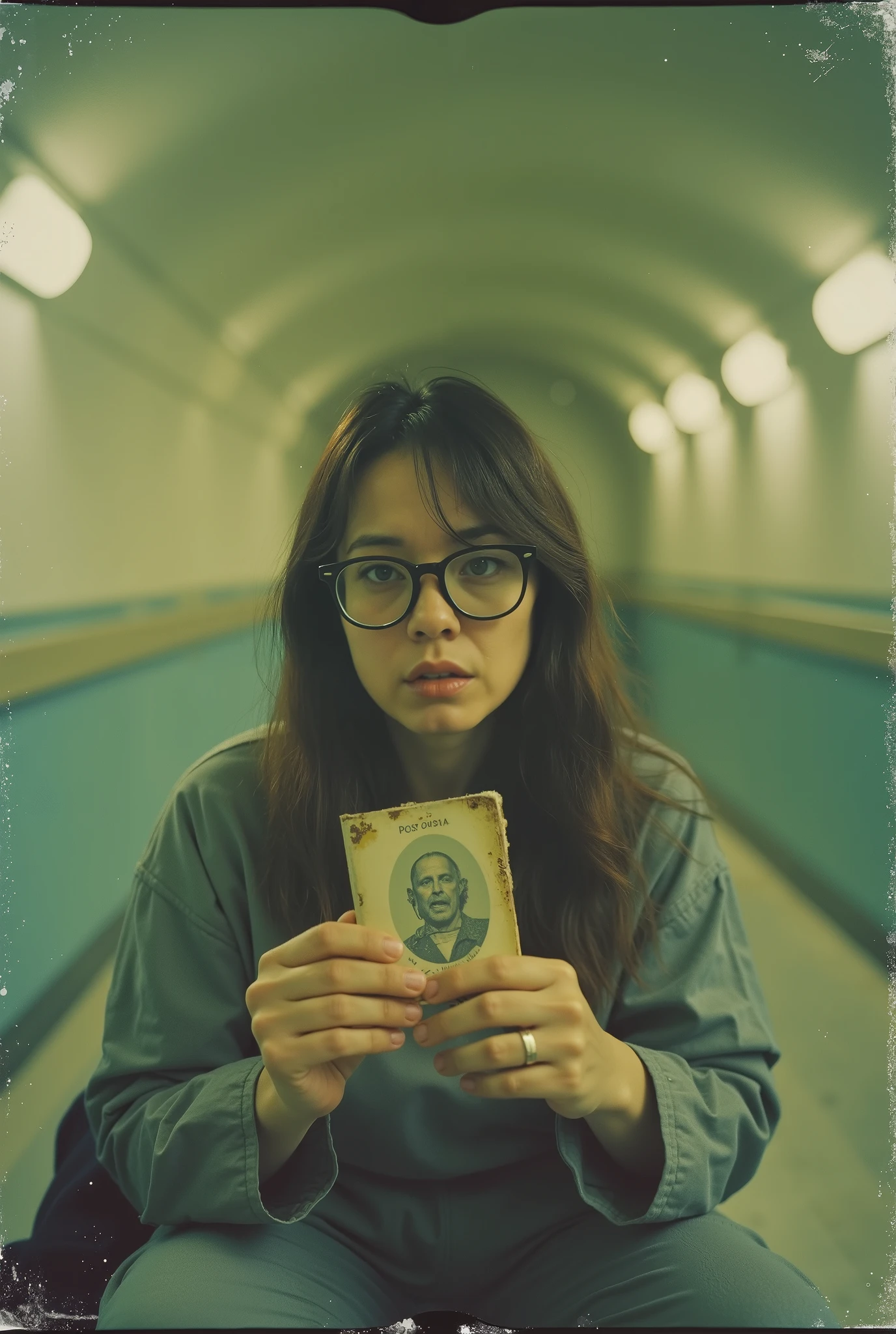 Close up polaroid of a 55yo plump female /(italian, brunette)/, dressed in a grey jail jumpsuit, wearing glasses and crying, the woman sits holding a torn and dirty old passport between her fingers and looks at it frightened. The space is empty, with walls curved at impossible angles. The atmosphere evokes a feeling of strangeness and depersonalization, with a hyperrealistic, science fiction style, and a clinical and futuristic environment. Cold lighting, yellow predominate.