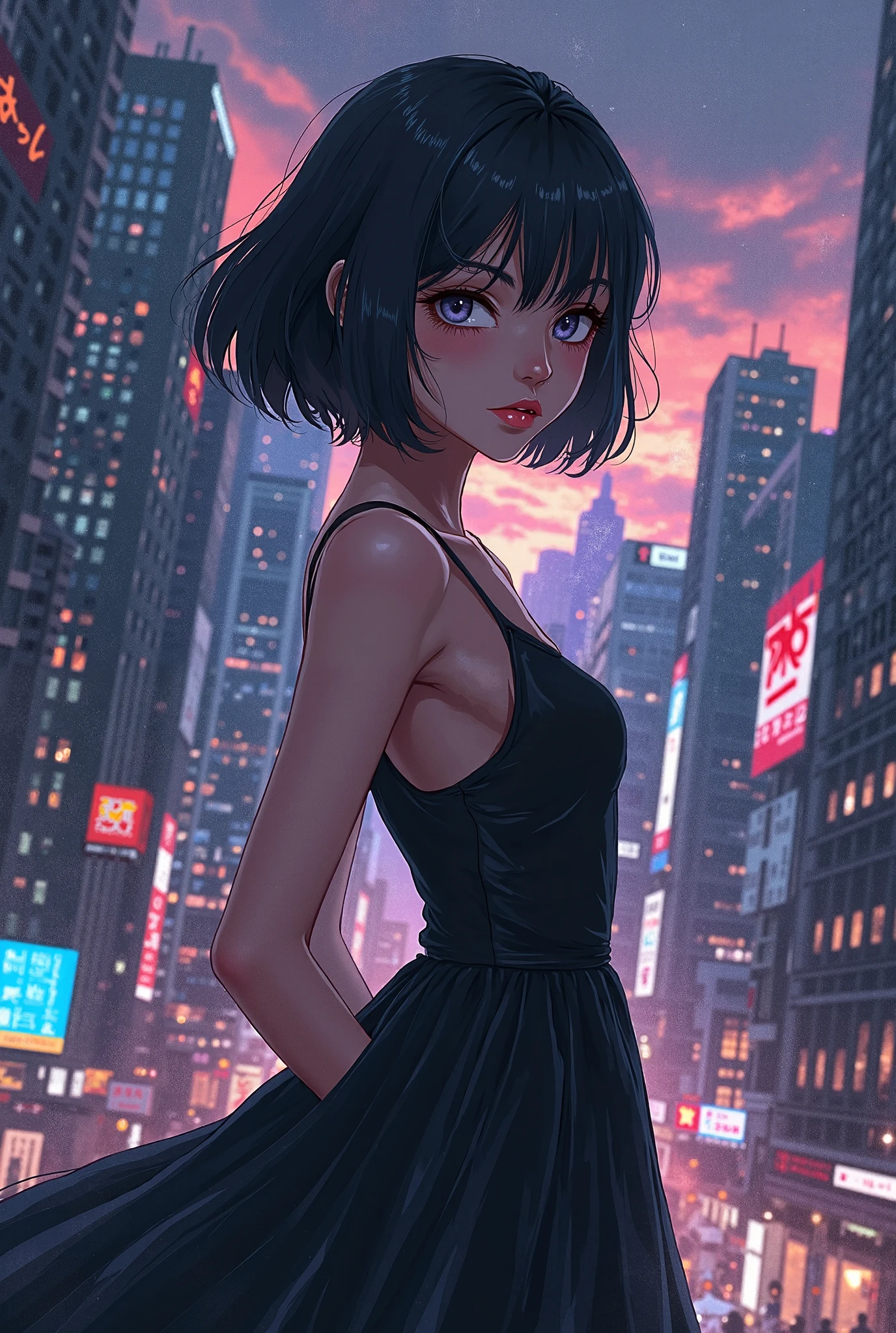 1girl, dark skin, breasts, sun, bright sky, afternoon, solo, small breasts, short hair, streetwear clothes, black clothes, hair band, road, outdoors, sky, full sun, black hair, off shoulder, city area, cloud, holding, sash, bare shoulders, standing, black hip hop clothes, bright sky, sideboob, obi, bangs, cars, from side, reflection, short hair, beautiful sky, wet hair (((masterpiece),(extremely detailed CG unity 8k wallpaper),best quality,,solo,1girl,cinematic lighting,detailed background,beautiful detailed eyes,bright pupils, (an extremely delicate and beautiful),(Beautiful and detailed eye description)， ultra-detailed,masterpiece,)),