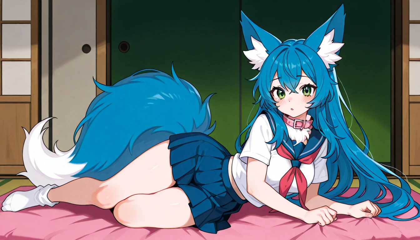 nsfw,((One man and one woman,Having sex)),Stick your butt out,Ass close up,on stomach,from behind,On all fours,Nipples,vaginal sex,Light blue hair,Light pink hairstyles,Cat ear,Pink Eyes,light blue lolita,White socks,,Pink ribbon,Best image quality,Highest quality