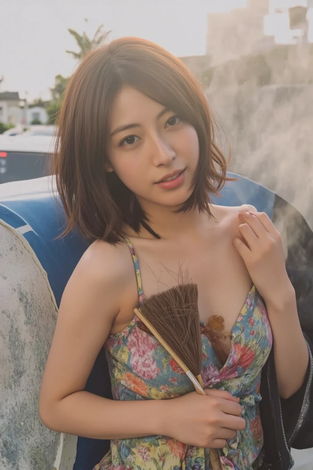 (she is a mature woman)、(She has an embarrassed look on her face)、(she is smiling and looking at the camera)、(She wears a cute collar with a big bell on it.)、(There's a chain attached to that collar.:1.5)、 (She has long golden hair and messy curls.:1.2)、(she has a very thin body:1.2)、(she has very small breasts:1.2)、(She is wearing an embarrassingly short miniskirt.:1.2)、(She wears very sensational, eccentric and unique underwear:1.2)、(She wears frilly lingerie and a garter belt:1.2)、 (She's standing)、(She has her hands on her hips)、(she is showing her armpits)、(Top image quality、top-quality、Top resolution、Masterpiece、ultra-detailliert、foco nítido、depth of fields、8K)、(The location is the ruins of an old amusement park that has fallen into disrepair during the day.)、(Lots of junk, scrap metal vehicles, hot rods, and broken attractions are scattered all over the place.:1.2)、(It's a messy background:1.2)、(As soon as a fire catches a rusty vehicle that has been abandoned for decades, it looks like it's about to start working again like it used to.。)