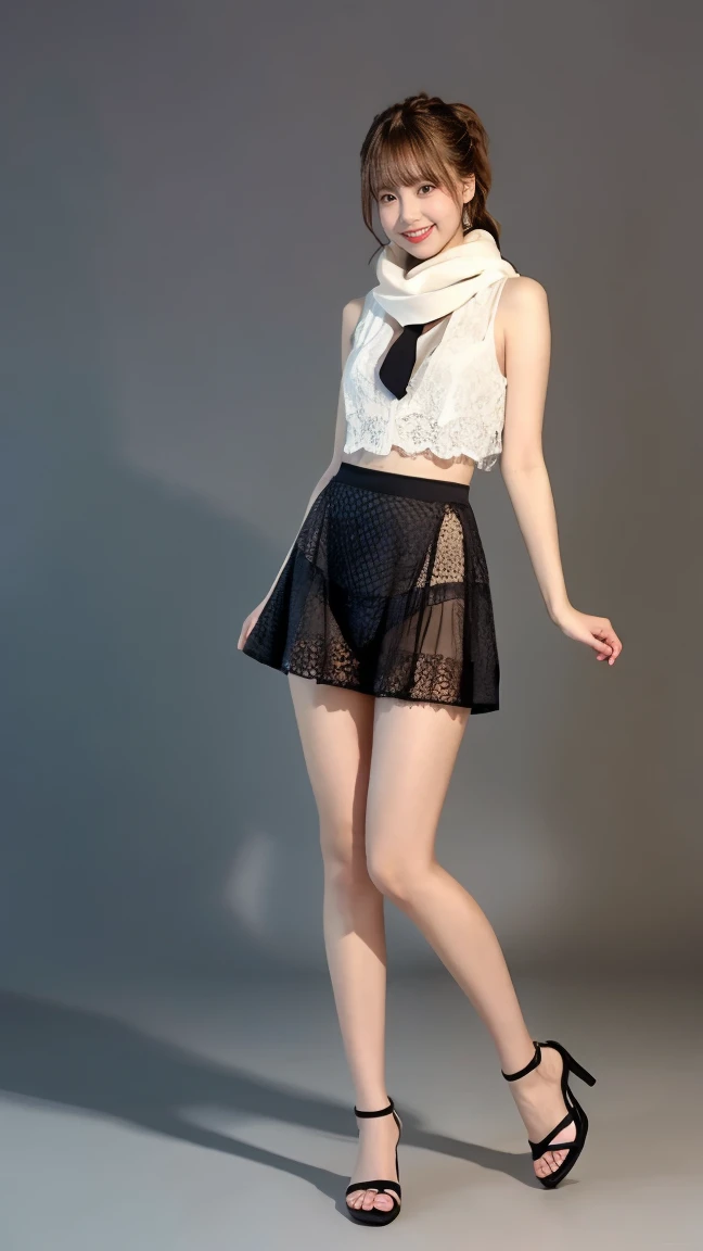 8K picture quality、high resolution、Realistic skin texture、high resolutionの瞳、Miss、夏季森林里Miss、Sleeveless knitted shirt、Short pleated skirt,Thin脚、sports shoes,Princess hairstyle、Thin、、Large Breasts、(a charming smile:1.2), Brown hair、Large target、Sweat accumulates on the chest、Comb your hair up,(full-body shot:1.5),
