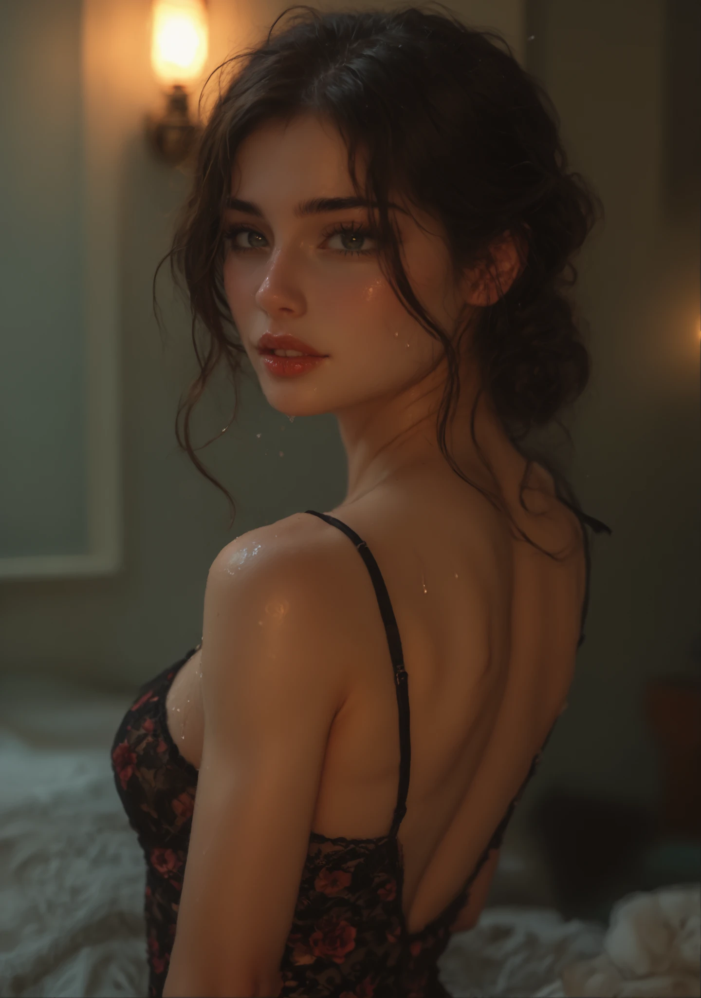 male, show off his big butt, ((Highest quality, 8K, masterpiece :1.3)), (Sharp focus :1.2, Beautiful man with perfect figure :1.4, Slim Abs), (Photorealistic:1.4), (realistic:1.4), (short Hair, Light brown hair:1.5), Highly detailed face and skin texture, Fine grain, double eyelid. sex appeal, Sexy gravure pose, ((Light blue lace lingerie、Perched on the edge of a bathtub in a luxurious bathroom、A pose that emphasizes the big butt while entwining the legs。濡れた髪がsex appealを引き立てる。:1.3))