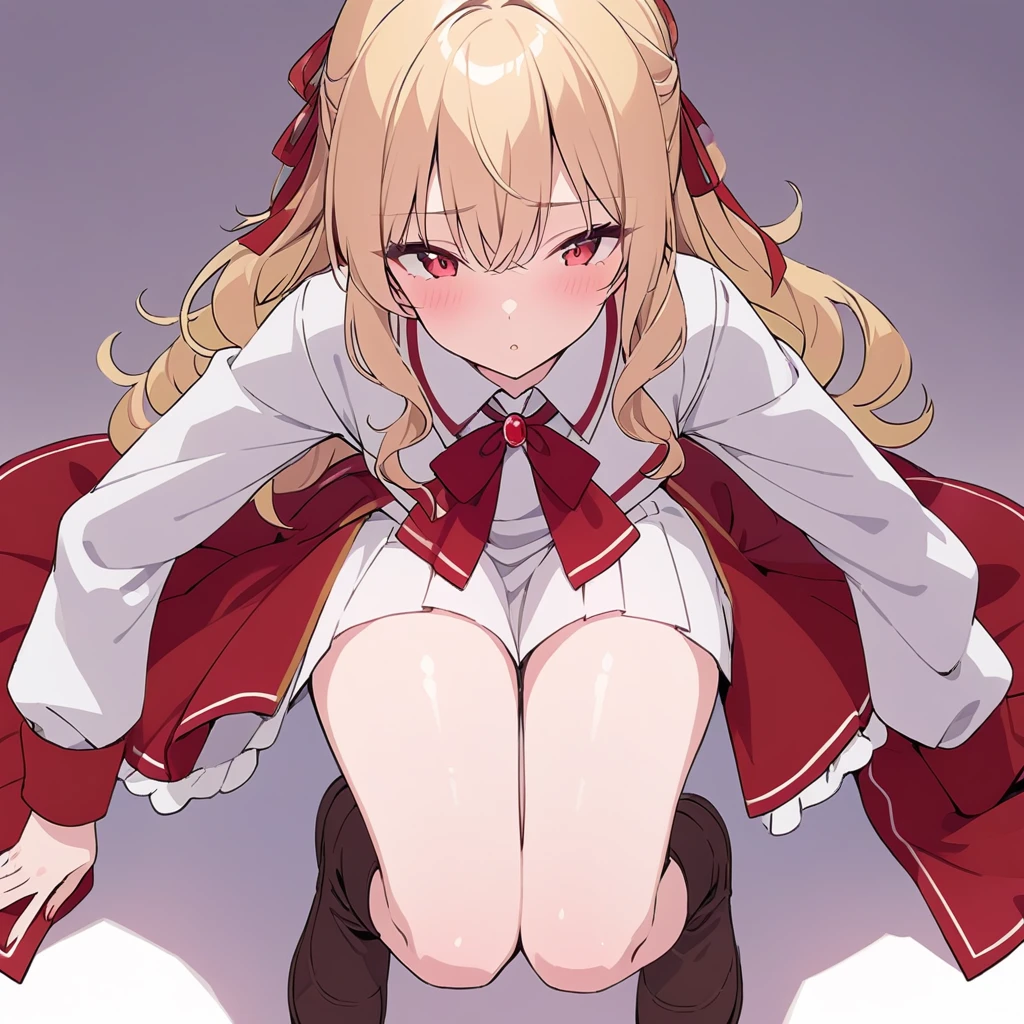 1girl, pussy juice, white lace panties, blush, best quality, (masterpiece:1.2), highly detailed,1girl, solo, wide-eyed, large eyes, looking at viewer, blush, (((spread legs))), (((lying, on back))), knees to chest, hands on crotch, closed mouth, camel toe, beatrice, two side up, cute, kawaii, 6 years old, slim legs, (((white background)))