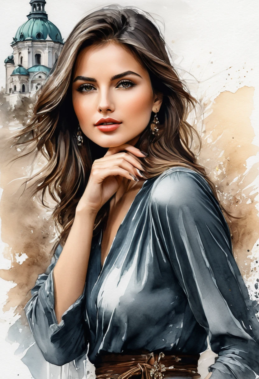Eine Nahaufnahme einer Frau (Eva Mendes), who wears a hat and a dress, gorgeous woman, Beautiful color photo, gorgeous woman, Woman wearing a white shirt with beautiful trim, das Hemd hat einen sehr tiefen Ausschnitt, the woman has a sensual seductive look, 8k hochwertige detaillierte Kunst, Detaillierte Frau, lindo pintura digital, Digitale Kunst eines eleganten, gorgeous lady, Atemberaubende digitale Malerei